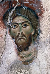Kristi ansigt, detaljer fra fresco i kirken Agios Georgios, Mourne, Kreta, Grækenland (foto)