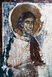 Helgenfigur, fresko i kirken Taxiarhon, Old Pyli, Kos-øen, Grækenland (foto)