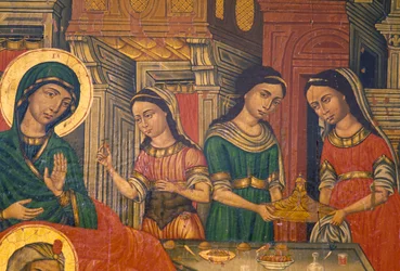 Madonna og kvinder med mad, Arkadi, Kreta, Grækenland (foto)