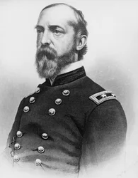 Portræt af George Gordon Meade (1815-1872), general og civilingeniør fra den amerikanske hær, der spillede en afgørende rolle i den amerikanske borgerkrig ved at besejre den konfødererede hær ved Gettysburg, gravering efter fotografi