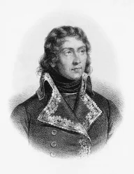 Portræt af Louis-Charles-Antoine Desaix de Veygoux (1768-1800), fransk militærhelt, der ledede styrker i tyske, egyptiske og italienske kampagner under franske uafhængighedskrige, gravering