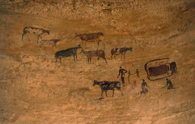 Scene i det daglige liv med husdyr, klippekunst, Tassili n