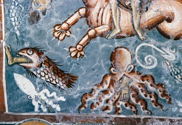 Havdyr, detaljer fra fresco i kirken Agios Georgios, Mourne, Kreta, Grækenland (foto)