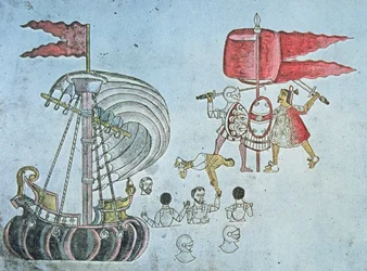 Spanske soldater fra Hernan Cortes vader i land i 1519 for at kæmpe mod aztekerne, kopieret fra Codex Azcatitlan, ca. 1550 (farve litho)