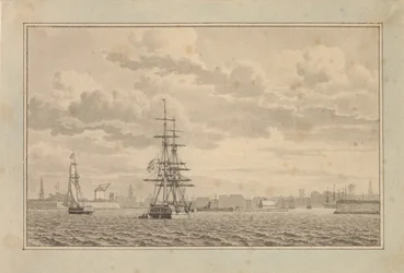 København set fra Yderhavnen med en Brig til ankers og en sejlende slup.