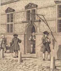 Parti omkring en portal af børsen. Illustration til "Linearperspectiven", Tavle VI
