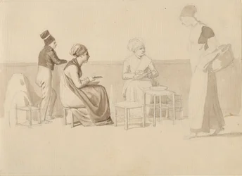 Scene fra en gård eller kaj i Paris. Fire siddende, stående og gående figurer.