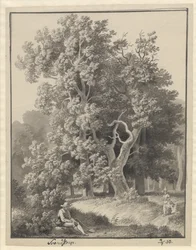 Skovparti ved Svendstrup med et par figurer, forrest en siddende mand med en spade