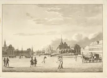 Slotspladsen i København med Holmens kirke, Børsen, den nu forsvundne bank og kancellibygning ("Den røde bygning")