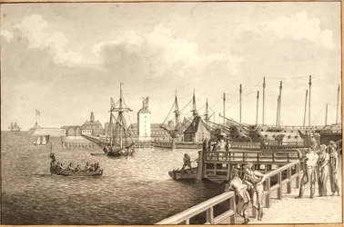 Udsigt fra Langelinie mod Nyholm, t.h. flådens leje