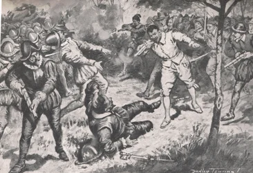 Admiralen, efterfulgt af hans parti, løb hovedkulds mod Vera Cruz Guard, illustration fra 
