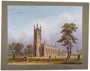 Sydvestudsigt over St Nicholas Church, Tooting, London, 1832.