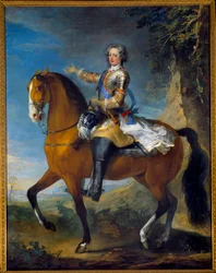 Rideportræt af Louis XV (1710-1774), konge af Frankrig, i en alder af 13 år, i 1723. Maleri af Jean Baptiste Van Loo (1684 - 1745) og Charles Parrocel (1688-1752)