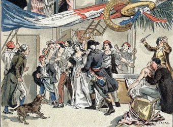Arrestationen af Charlotte Corday efter mordet på Jean-Paul Marat i 1793. Illustration af Camille Gilbert fra 1890.