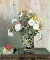 Buket blomster, krysantemum i en kinesisk vase