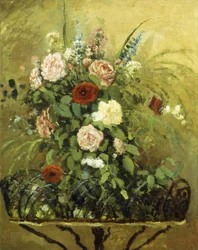 Buket blomster med en rustik træ Jardiniere; Buket blomster, med rustik træplantekasse, c.1876