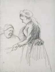 Studie af kunstnerens mor med sin tjenestepige (kul på papir)