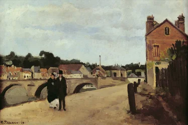 Chemin de lEcluse og Pontoise-broen, 1867 (olie på lærred monteret på panel)