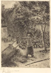 En kvinde tømmer en trillebør Kvinde tømmer en trillebør, 1880.
