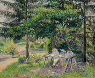 Børn ved borde i haven ved Eragny - Maleri af Camille Pissaro (1830-1903), olie på lærred (58x71 cm)
