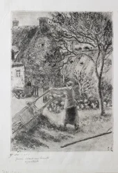 Kvinde tømmer en trillebør, 1880