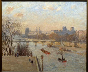 Louvre og Pont des Arts i Paris Maleri af Camille Pissarro (1830-1903) Reims fra det 19. århundrede, Musee des Beaux Arts