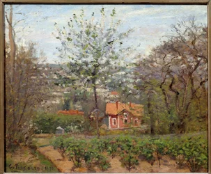 Sommerhuset, det lyserøde hus; hjertets flyvende landsby. Maleri af Camille Pissarro (1830-1903)