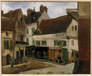 Une place a la Roche-Guyon - bytorv i La Roche-Guyon ... (maleri på lærred)