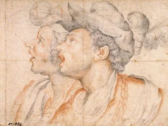 To ungdomshoveder - Værk af Camillo Procaccini (1561-1629), rødt kridt og kridt på papir (20x27,2 cm), ca. 1590 - To ungdomshoveder, rødt kridt og kridt på papir af Camillo Procaccini, ca 1590 - Museu Nacional of Art of Catalunya, Barcelona