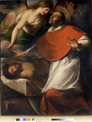 Sankt Charles Borromeo San Carlo Borromeo observerer den døde Kristus. Maleri af C. Procaccini. Breras billedgalleri. Milano