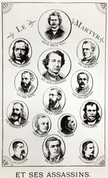 Louis Riel (1844-85) og hans lejemordere, illustration fra Le Gibet de Regina, udgivet 1886