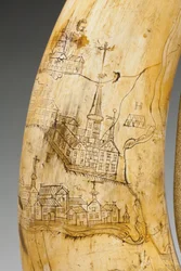 Powder horn, engraved with a map of the St. Lawrence River in the area of Quebec.1759 dani