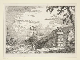 Landskab med tårn og to ødelagte søjler, fra serien Vedute (Views)