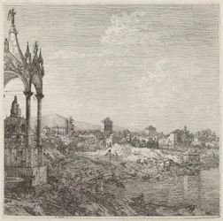 Udsigt over en by med en bispegrav, ca. 17351746.