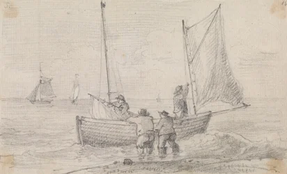 Skitse af en gruppe, der forbereder sejlene nær kysten, Hastings