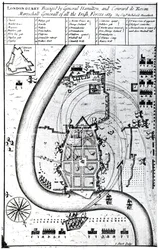 Londonderry Belejret af General Hamilton og Conrad de Rosen, indgraveret af J. Sturt, 1689