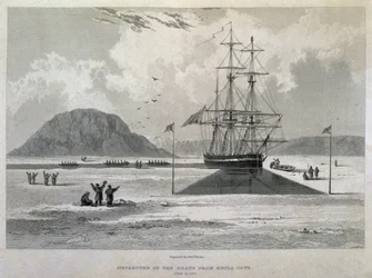Bådenes afgang fra Hecla Cove, 21. juni 1827, fra Journal of a Third Voyage for the Discovery of a North West Passage from the Atlantic to the Pacific udført i årene 1824-25 i H.M.s