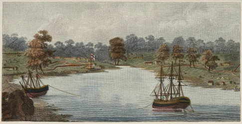Sydney Cove, 1788 (håndfarvet kobberstik)