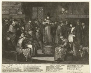 Tegneserie af de engelske kvækere, ca. 1656 Quaaker Meeting / Fronti Nulla Fides / The Quakers Meeting (titel på objekt)
