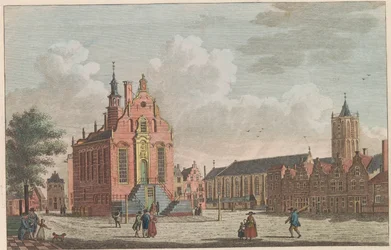 Marked og rådhus i Schiedam, ca. 1790 Markedet og rådhuset i Schiedam / Marché et hotel de ville à Schiedam (titel på objektet)