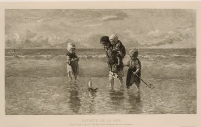 Fire børn leger med en legetøjsbåd på stranden i lavt havvand Havets børn Enfants de la mer (titel på objekt)