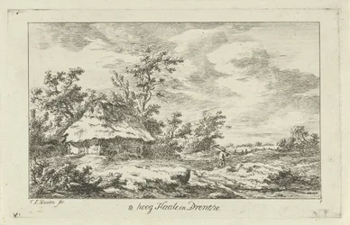 Mand med en rive ved en lade For høj Haale i Drenthe (titel på objekt) Landskaber (A-F) (serietitel)