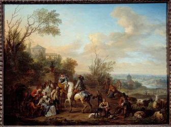 Stop for jægere Maleri af Carel Van Falens (1683-1733) 1700-tallet søn. 0,45x0,6 m
