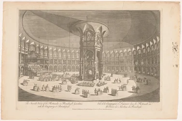 Udsigt over det indre af Rotunda i Ranelagh Gardens i London med en gruppe, der spiser et måltid Det indvendige billede af Rotunda i Renelagh Gardens med selskabet til morgenmad (titel på objekt)