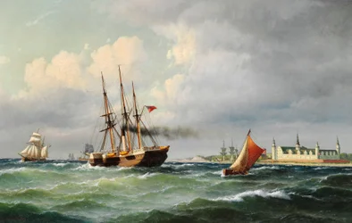 Danish: Marinemaleri på Kronborg med talrige skibe og en pilot båd Seascape off Kronborg with numerous ships and a pilot boat