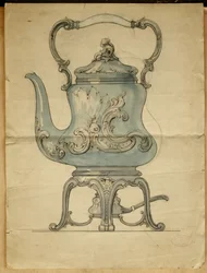 En formet sølvkedel og stativ, House of Carl Faberge
