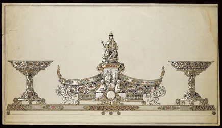 Tegning af en oval kurv af sølv, House of Carl Faberge