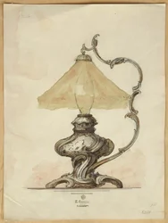 Tegning af en sølvbordslampe med en snoet riflet krop i rokokostil, House of Carl Faberge