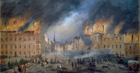 Slaget ved Sternbarrikade i Jagerzeile den 28. oktober 1848, revolution i Wien, brand i byen, maleri af Carl Goebel (1824-1899), Østrig