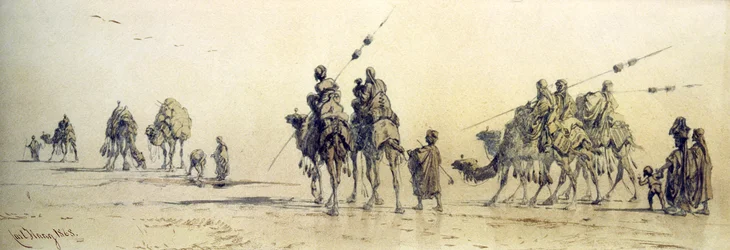 En karavane af beduiner nærmer sig en brønd i ørkenen, 1868 (blyant og vask på papir)
